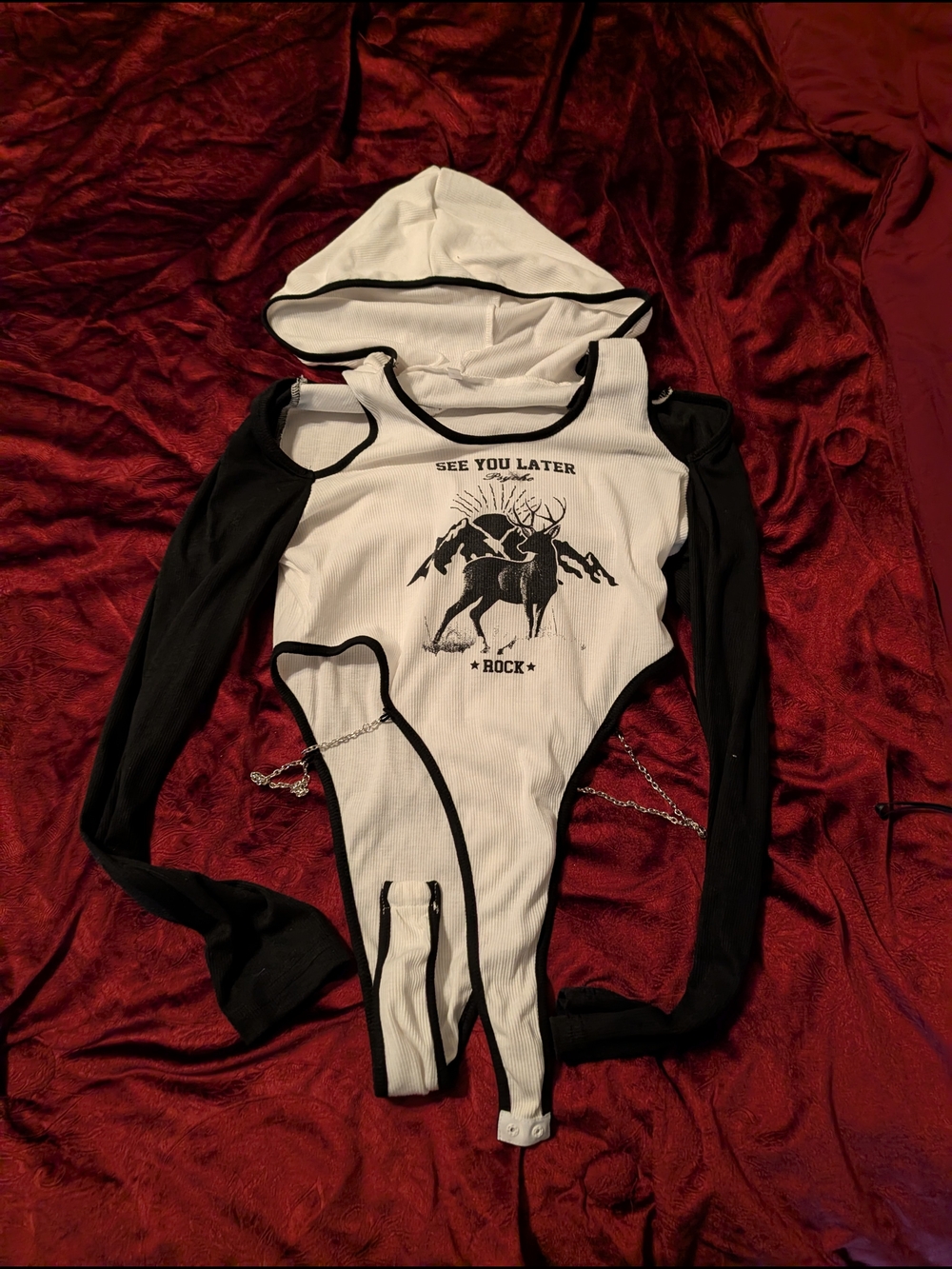 See You Later Rock Hooded One-Piece Bodysuit - White & Black